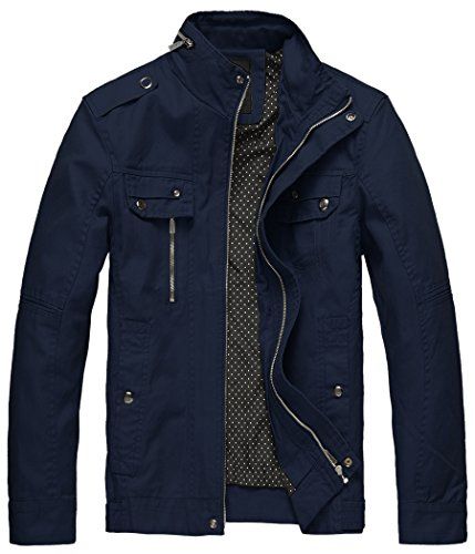 Wantdo Men's Cotton Stand Collar Lightweight Front Zip Jacket (Navy ...