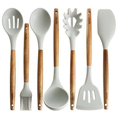 Silicone Cooking Utensils Natural Acacia Wooden Handle Non Stick Heat Resistant Kitchen 1274