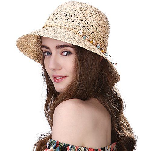 Siggi Womens 100% Raffia Straw Crochet Hat Foldable UPF Summer Beach ...