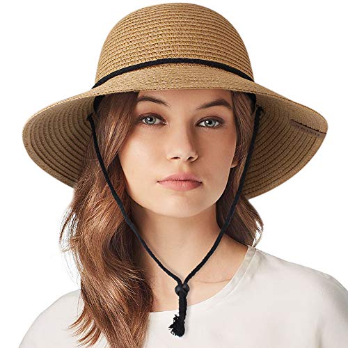 Womens Wide Brim Sun Hat with Wind Lanyard UPF 50 Summer Sun Straw Hats ...