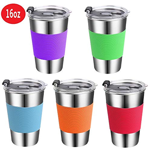 Stainless Steel Kids Cups with Lids,Vermida 5 Pack 16oz Metal Kids